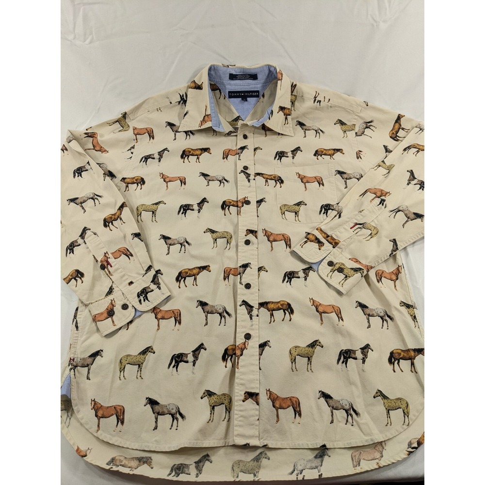 RARE DAVY JONES HORSE THEMED BUTTON-DOWN SHIRT ALL OVER PRINT MEMS LARGE EUC